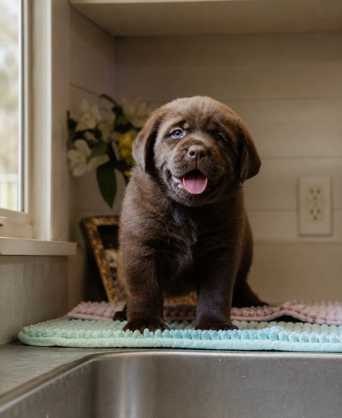 A chocolate English Labrador puppy standing with a happy grin