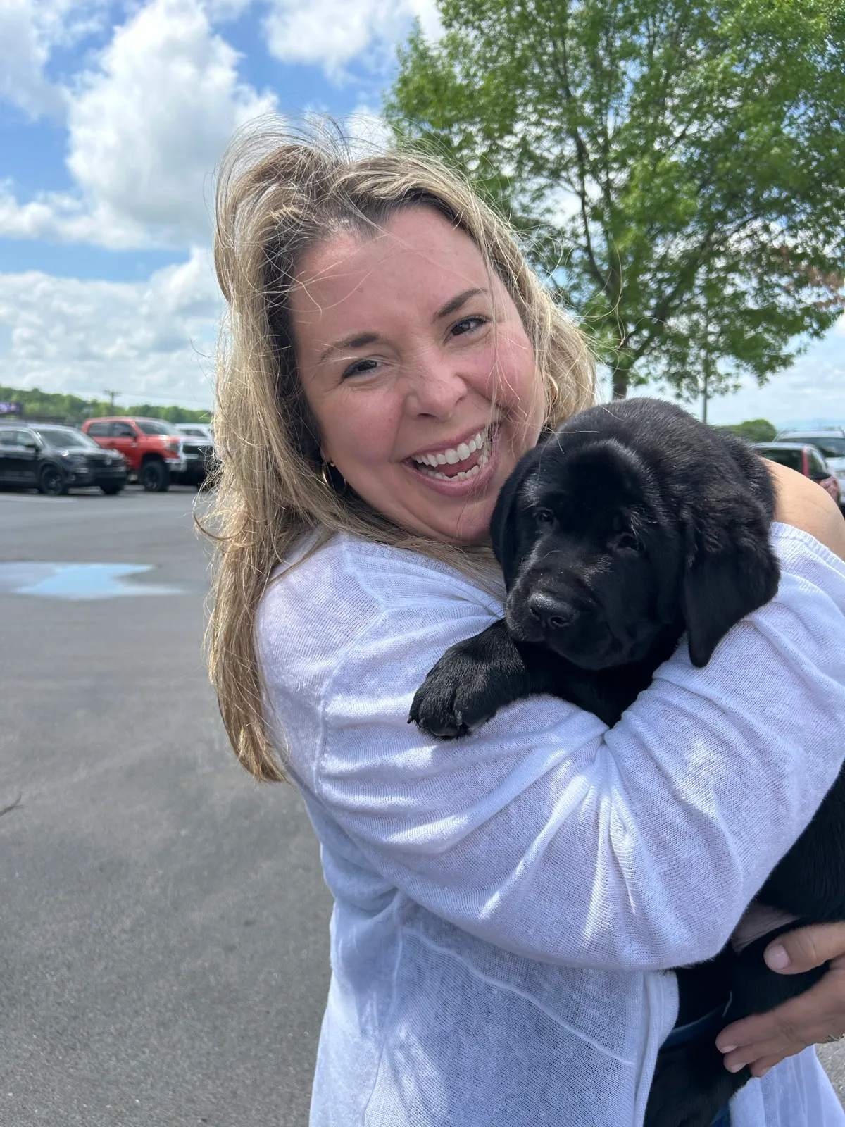 A family meeting their new Happiest Labrador puppy on gotcha day