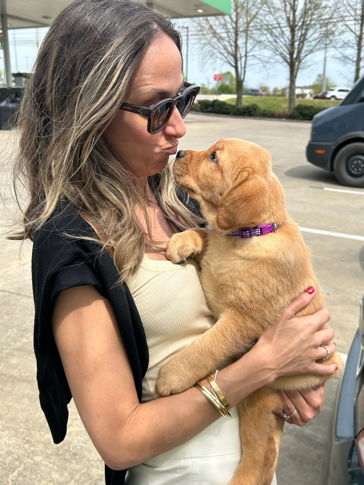 A family meeting their new Happiest Labrador puppy on gotcha day