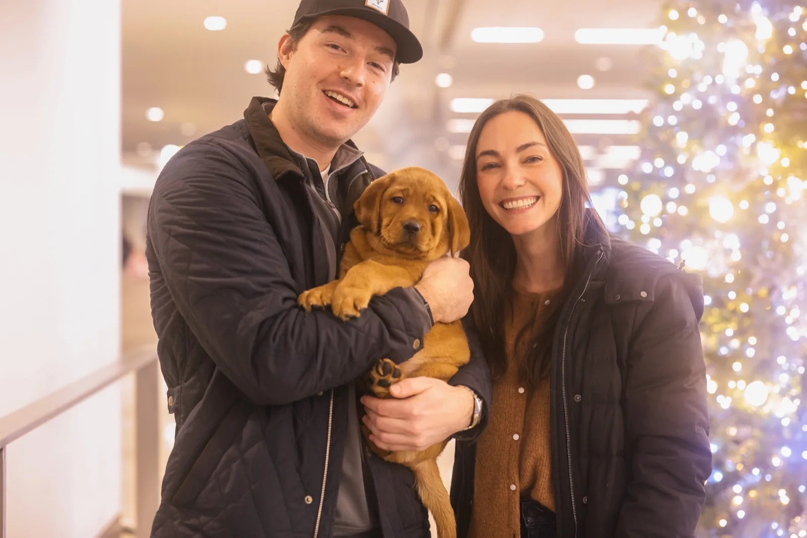 A family meeting their new Happiest Labrador puppy on gotcha day